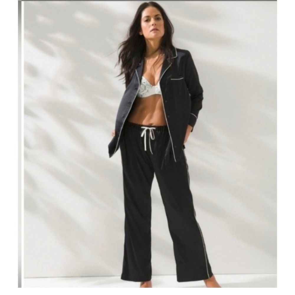 Soma Satin Sensual Pajama Set Long Sleeve Small Black White Piping Button Front